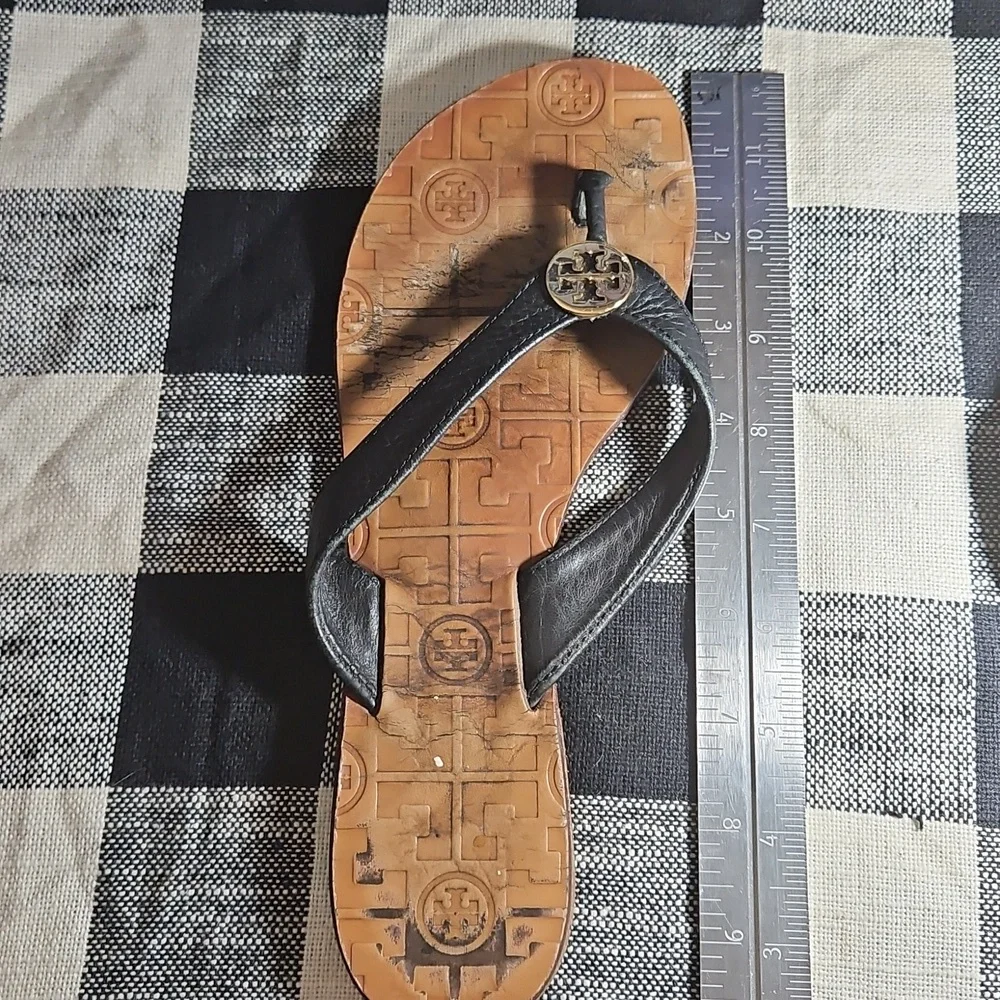 Tory Burch Black Leather/Gold Logo Thong Sandals, WELL Loved, Size 7